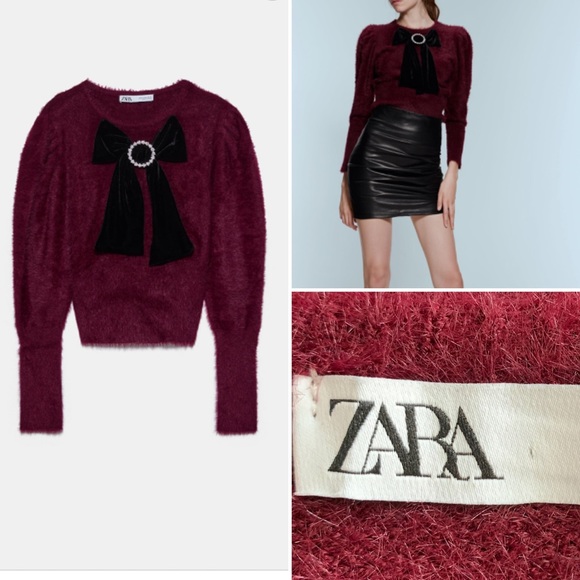 Zara Sweaters - Zara burgundy faux fur sweater with bow. Size S